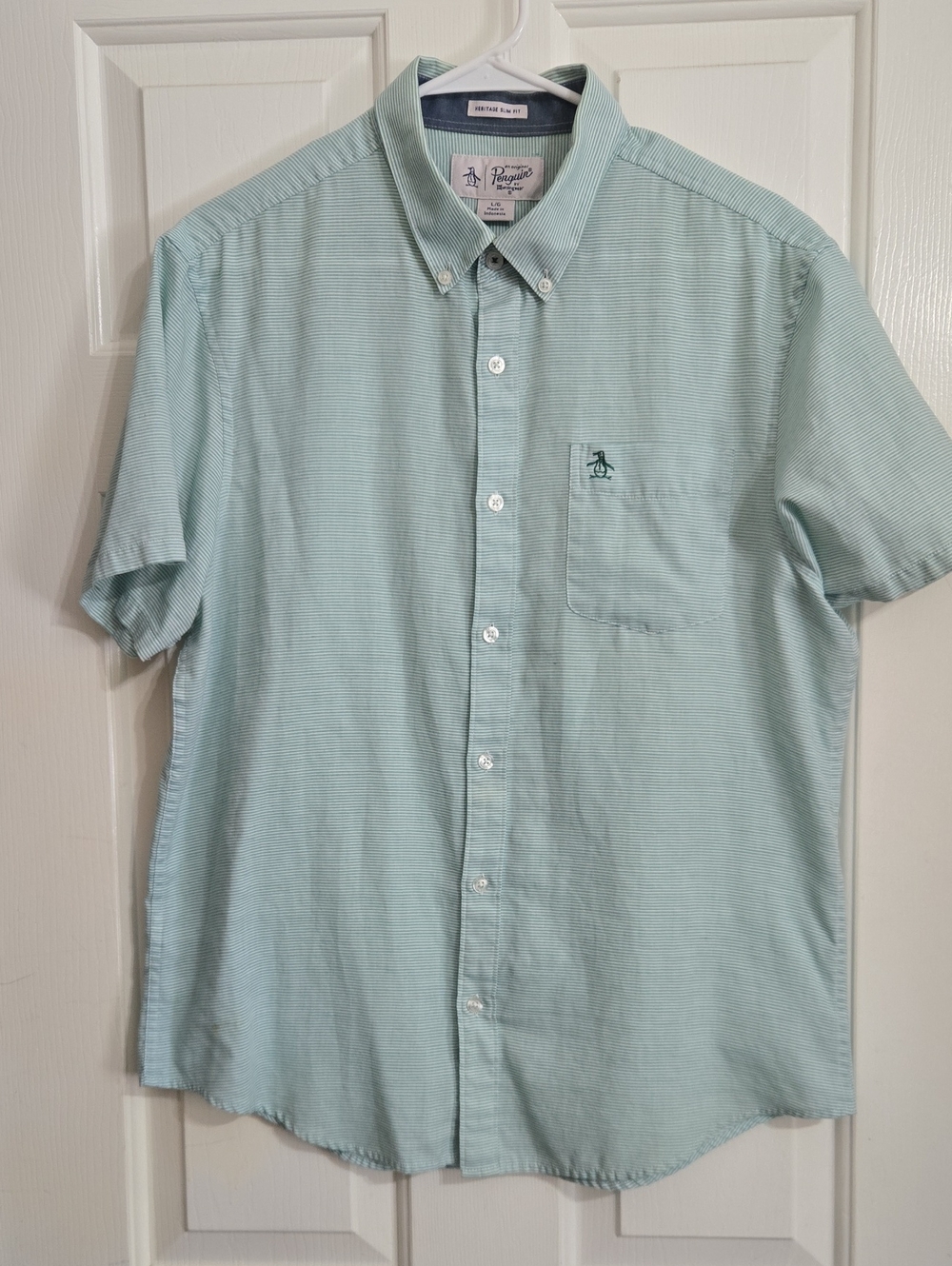 Original Penguin Short-Sleeve Button-Down Shirt - Light GREEN Stripe Slim Fit